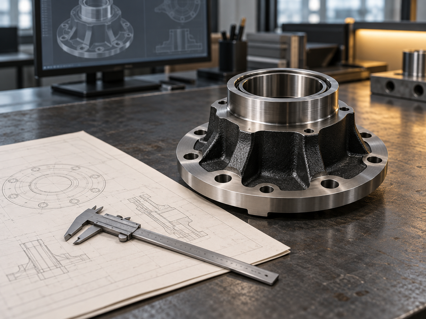 Illustration of a hub, engineering drawing and measuring tool